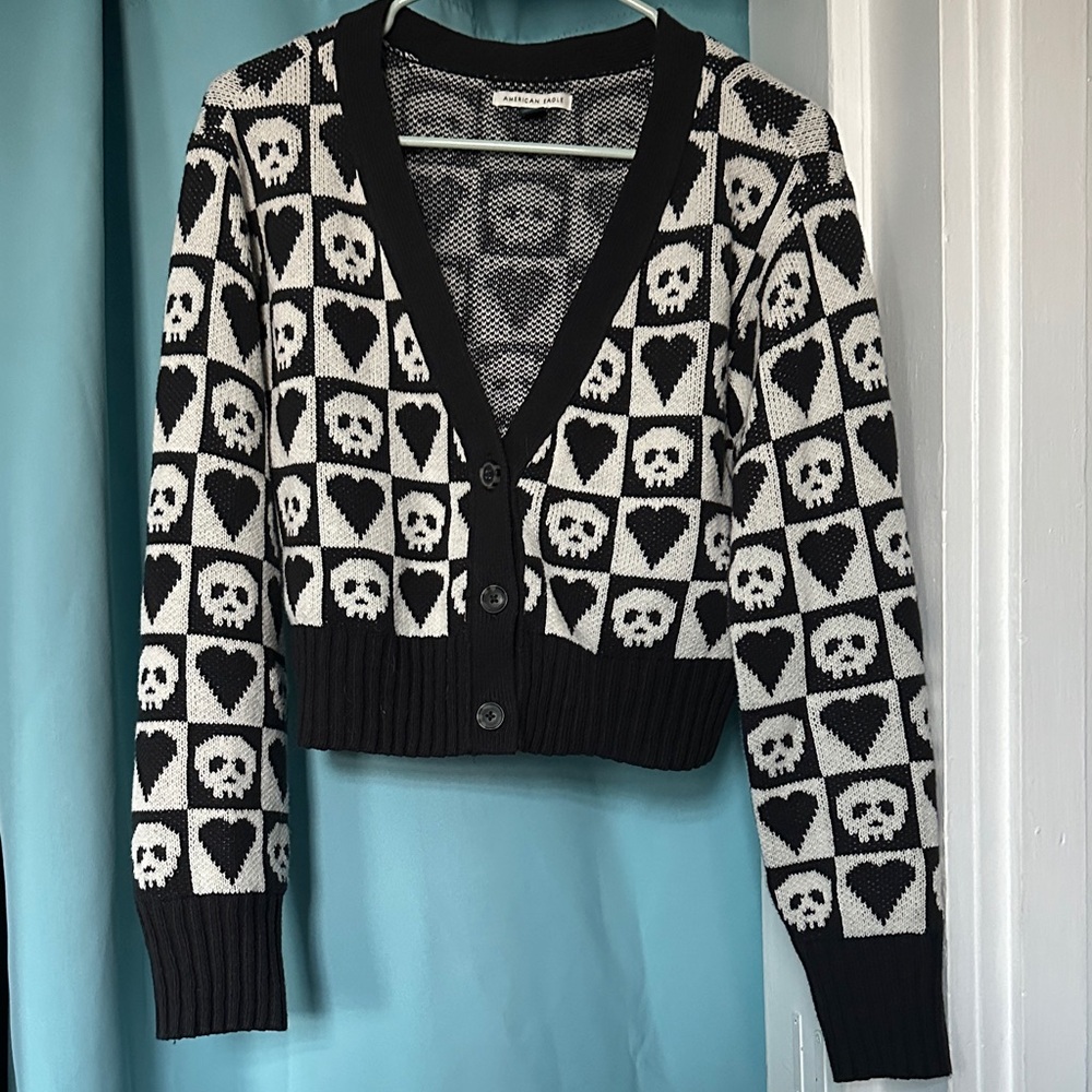 American Eagle Outfitters Black and White Skull Cardigan